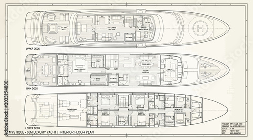 Tableau sur toile Detailed interior floor plans for a 78m luxury yacht including sun, bridge, and