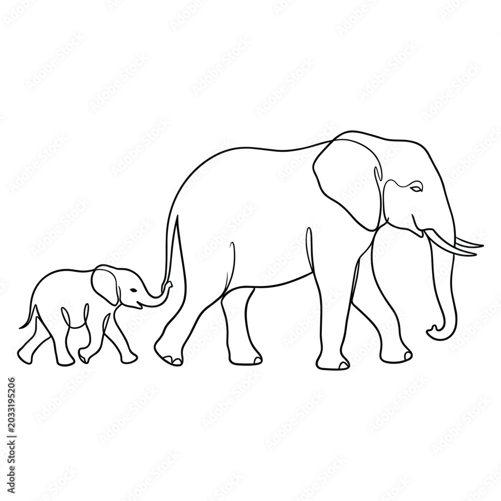 Fototapeta premium Continuous line drawing of elephant and calf walking together