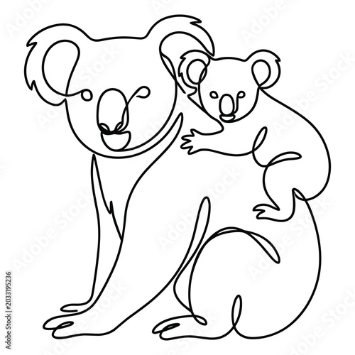 Photography Continuous line drawing of koala family on white wall
