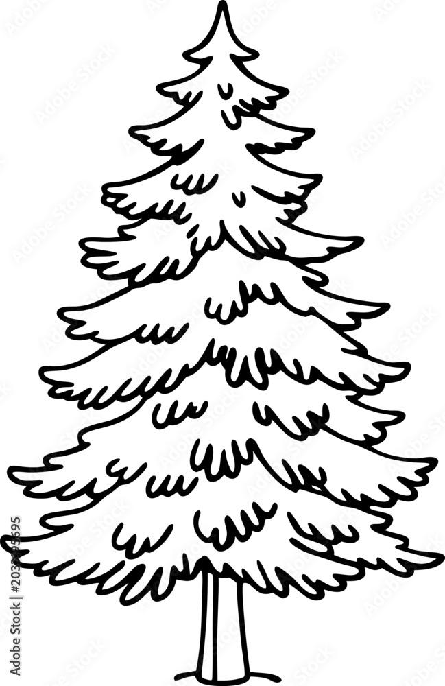 Obraz premium Hand drawn fir tree outline illustration with detailed needle branches and trunk silhouette
