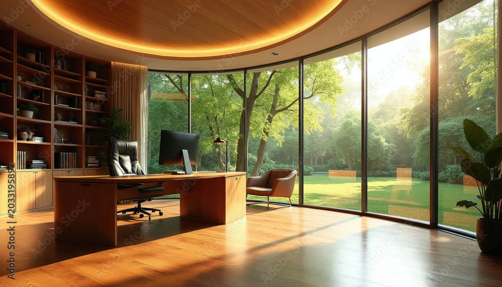 Obraz premium Modern office with curved window wall overlooks green garden and trees. Sunlight streams into room with desk computer and bookshelves. Elegant workspace with natural light and wood elements.