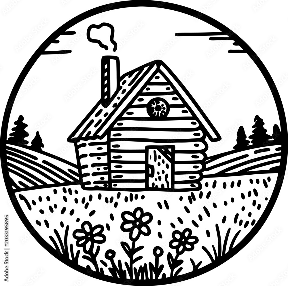 Fototapeta premium Cozy log cabin in a wildflower meadow with rolling hills and pine trees landscape drawing