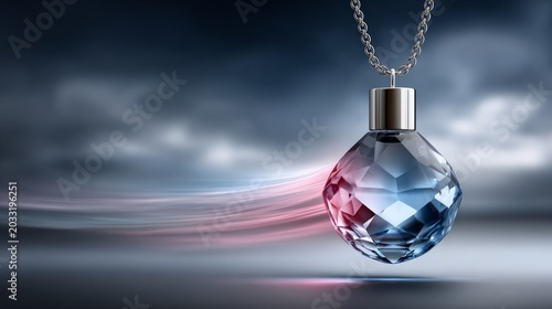 Crystal pendant hanging on a chain with light effects and motion blur