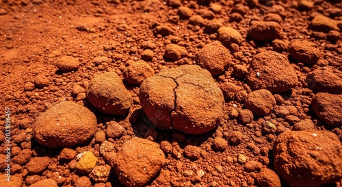 Detailed red earth texture with natural clods and dry dust, providing a realistic soil background for organic and professional design themes, geology, fertile, granules