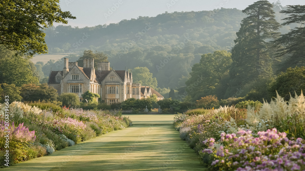 Obraz premium Historic English country house and manicured garden with long herbaceous borders at sunrise, serene landscape