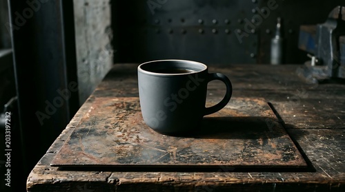 Dark Ceramic Coffee Cup Resting on Worn Wooden Workbench in Moody Workshop