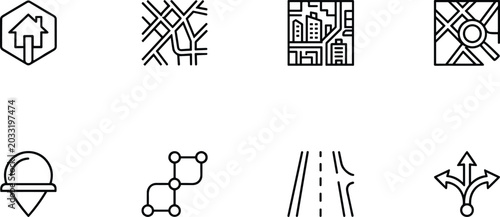  Minimalist Monochrome Icon Set Showing Urban Infrastructure and Transportation Symbols flat design icons minimalist graphics modern symbol set urban planning visuals infographic elements