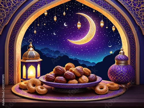 Ramadan Iftar food concept. Dates, nuts, and traditional sweets served with tea and a decorative lantern. Muslim holy month celebration