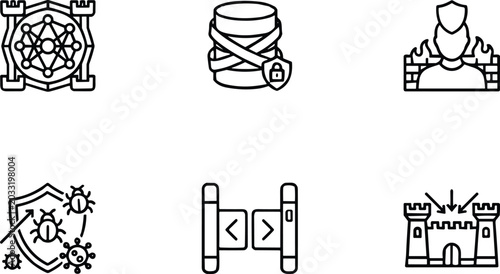Tableau sur toile Minimalist Line Art Icons Showcasing Medieval Castle Tower Shield and fantasy ar