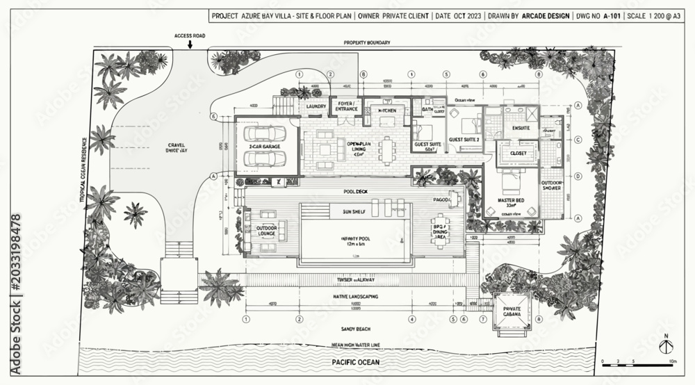 Obraz premium Architectural site plan for a beachfront residential villa with pool and garden
