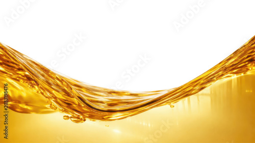 Golden liquid wave with air bubbles representing engine motor oil lubrication or organic cooking oil pouring