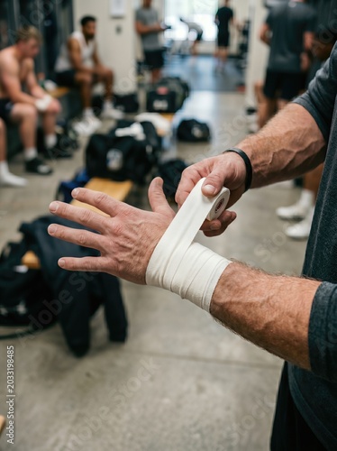 Close Up of Athlete Hands Wrapping White Wrist Tape Before Match