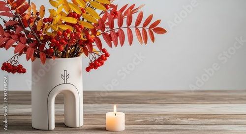 A minimal white ceramic vase filled with colorful fall branches and red berries stands on a wooden table beside a glowing candle flame, aesthetic, warm, soft
