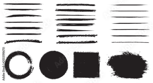 Canvastavla Hand drawn brush strokes vector set with doodle underlines strikethrough lines calligraphic ink pen marks rough scribble emphasis highlights and black marker paint borders