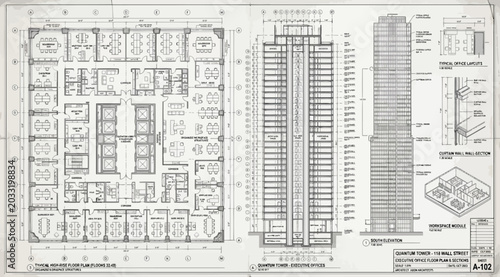 Tableau sur toile Detailed architectural blueprints of a highrise office tower
