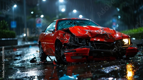 Damaged vehicle from collision on rainy urban street with broken bumper and road debris