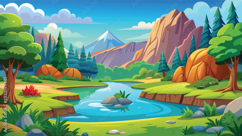 Obraz premium Beautiful landscape illustration with a river flowing through mountains and green forest trees Vector