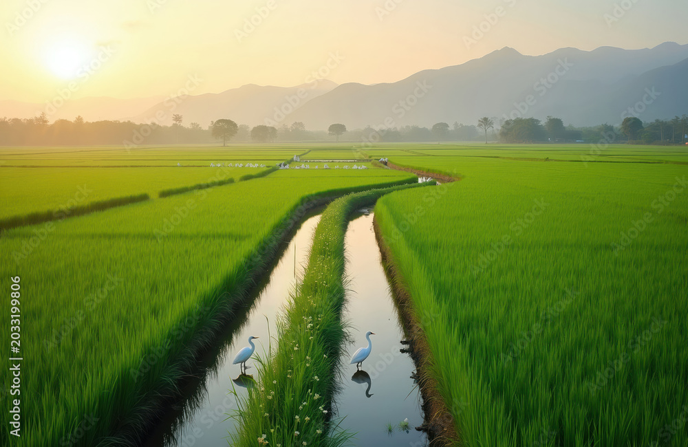 Naklejka premium Green rice fields with irrigation channels at sunrise. White birds stand in water. Mountains rise in background mist. Lush agricultural landscape.