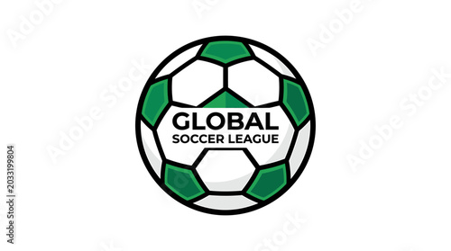 Global Soccer League logo on white soccer ball with green panels