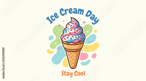 Colorful ice cream cone with sprinkles and festive text on cream background  sweet treat