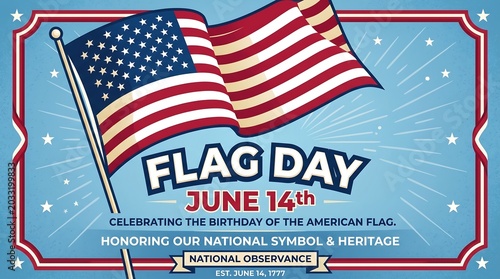 Flag Day June 14th national observance banner, American flag patriotic celebration poster, vintage style United States heritage greeting card