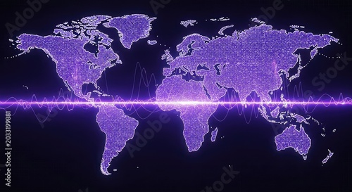Futuristic digital world map featuring a global telecommunication network with dynamic purple light trails connecting continents seamlessly, cyberspace, background, internet