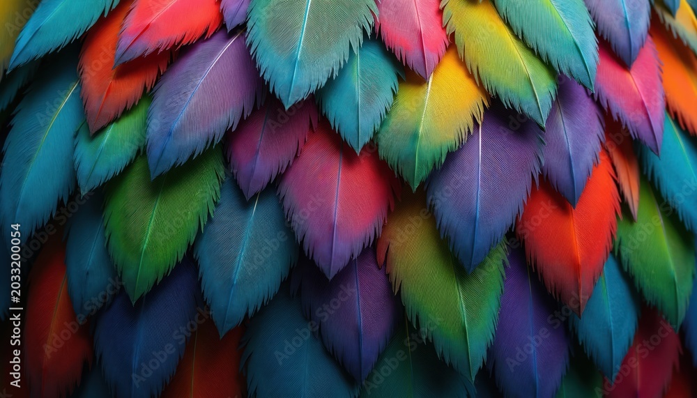 Obraz premium Bright parrot feathers form a colorful layered pattern. Close up view shows vivid green, blue, purple, red hues. Detailed natural texture creates vibrant background.