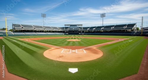 Professional baseball field featuring a clean infield diamond, manicured green outfield, home plate, and tiered seating under a bright sky, turf, athletics, stadium
