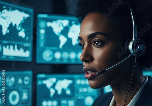 A Black female operator monitoring global data in a high-tech control room with cinematic blue lighting.