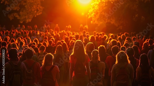 Young woman gazing at a stunning sunset amidst a bustling city crowd painted in warm hues