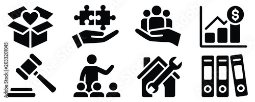 Corporate management and business strategy solid glyph icons set with heart box, puzzle, and graph