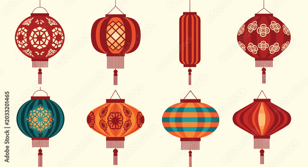 Naklejka premium Set of eight traditional Chinese lanterns in various shapes and shades of red and orange are decorated with classic patterns and tassels.