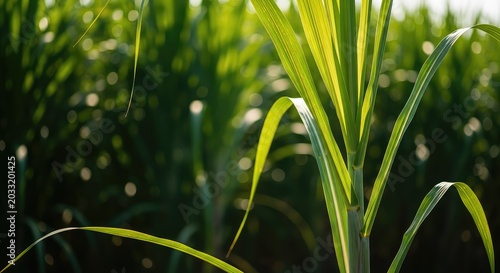 A lush green field of tall sugarcane stalks under bright sunlight, highlighting the natural source of glycolic acid for skincare products, green, sugarcane, skincare
