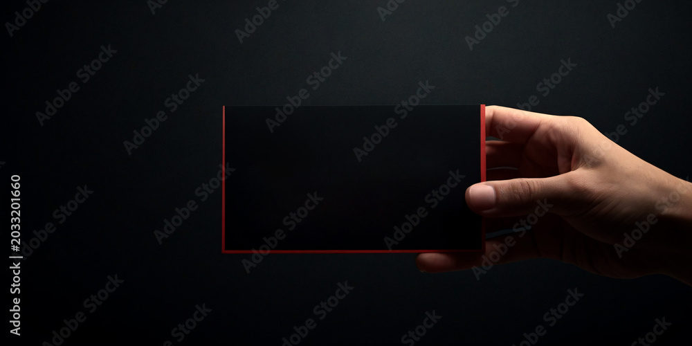 Naklejka premium A hand holding a blank rectangular card with a red border against a dark background. The scene is suitable for adding custom text, design, or branding elements