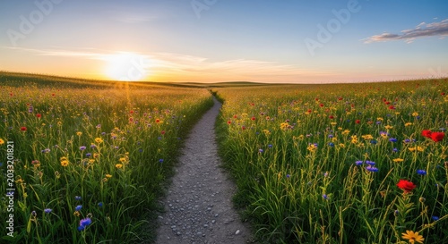 A narrow dirt trail winds gracefully through a vast expanse of lush green meadow grass and bright wildflowers under a soft sunset glow, evening, scenic, seasonal
