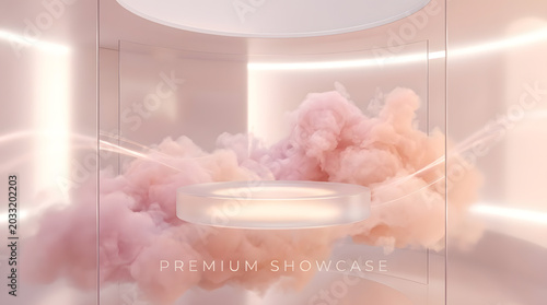 Frosted glass podium surrounded by pink and peach clouds with soft lighting circular