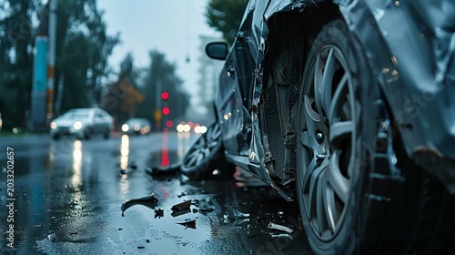 Damaged vehicle post accident on wet city street with shattered bumper and road debris