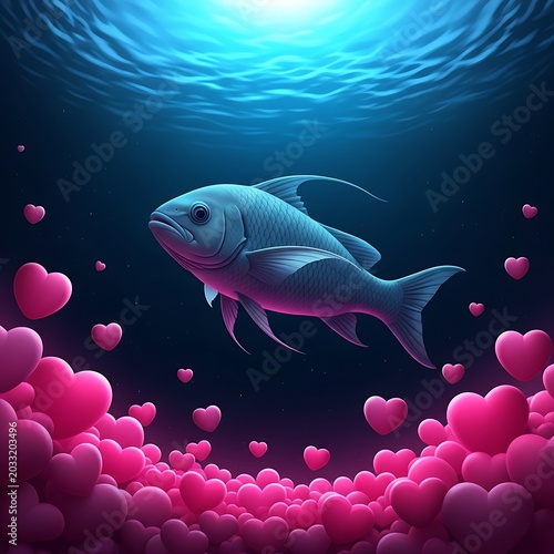Solitary fish swims through a sea of pink hearts, bathed in ethereal underwater light
