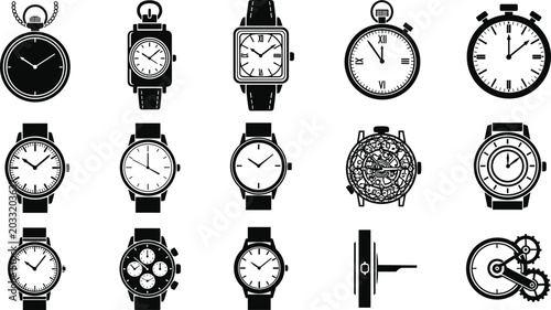 Tableau sur toile Classic wristwatch and pocket watch timepiece vector icon set with chronograph g