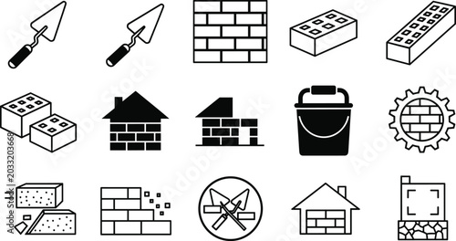 Bild auf Leinwand Bricklaying masonry and house construction vector icon set with trowel brick wal