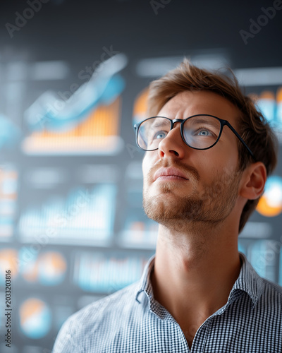 Business Analytics: A man wearing glasses and a striped shirt looks up thoughtfully, with blurry financial charts and graphs displayed in the background.