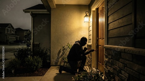 masked burglar using a crowbar to break into a house door at night.