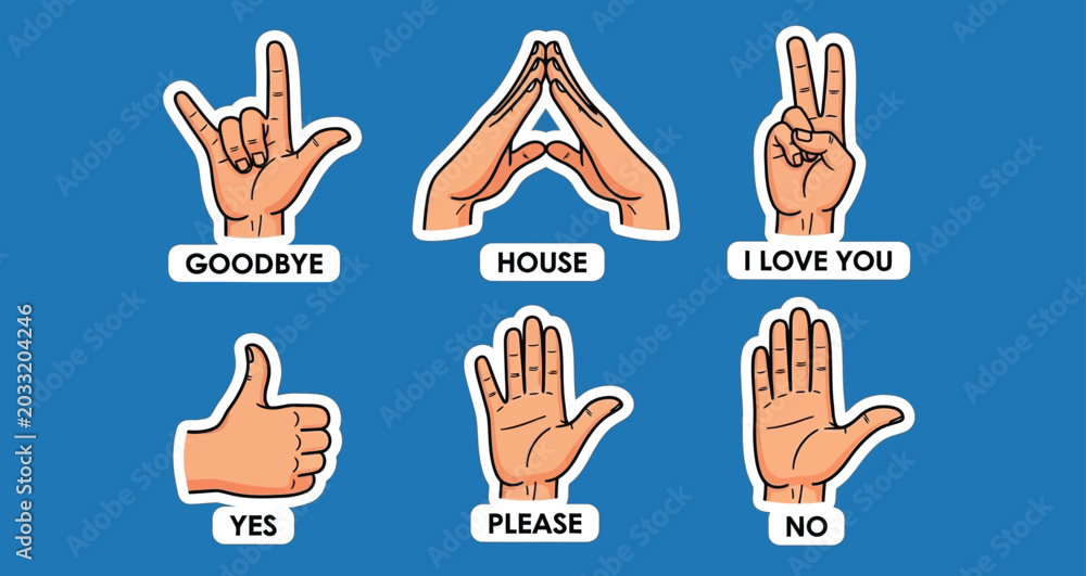 Fototapeta premium American sign language hand gestures for common phrases on blue background