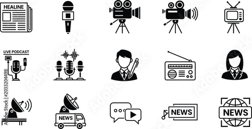 фотографія Media and journalism vector icon set with news microphone camera podcast radio s