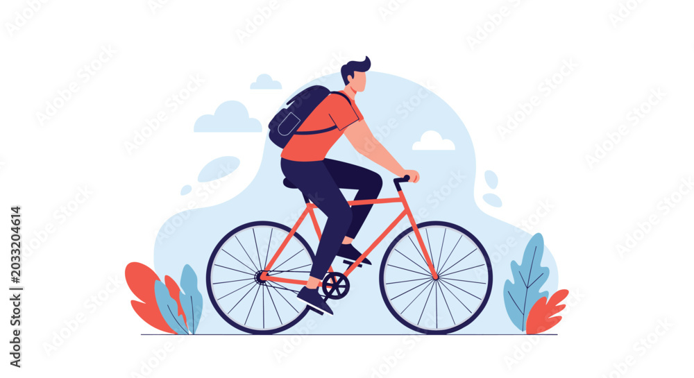 Fototapeta premium Active young man riding a bicycle with a backpack through a scenic landscape with clouds and plants on a bright day.