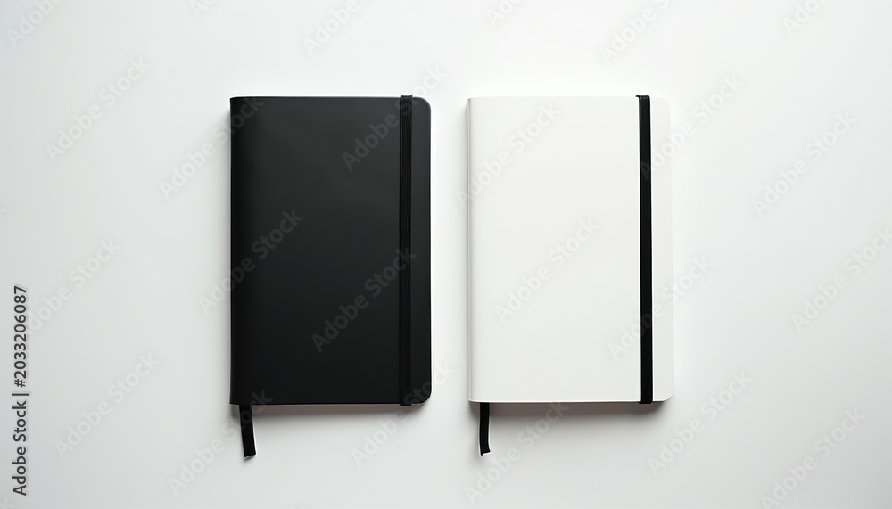 Fototapeta premium Two notebooks black and white are side by side on plain background. They have elastic bands and bookmarks. Minimalist style for planning or writing.