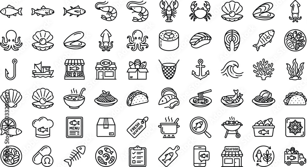 Fototapeta premium Seafood and Ocean Food Minimal Line Icons Collection – Marine Food Outline Vector Set