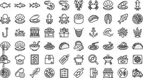 Seafood and Ocean Food Minimal Line Icons Collection – Marine Food Outline Vector Set