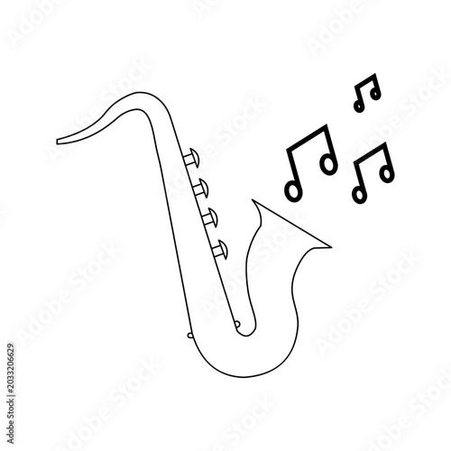 Foto Solid icon showing a saxophone with floating musical notes representing jazz music, melody creation, musical performance, and entertainment concepts