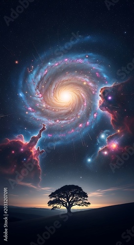 Solitary tree silhouetted against a vibrant, swirling galaxy and colorful cosmic clouds